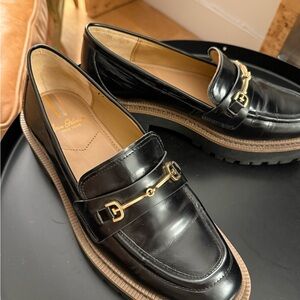 Sam Edelman Black Leather Loafers with Gold Detail and Chunky Sole
